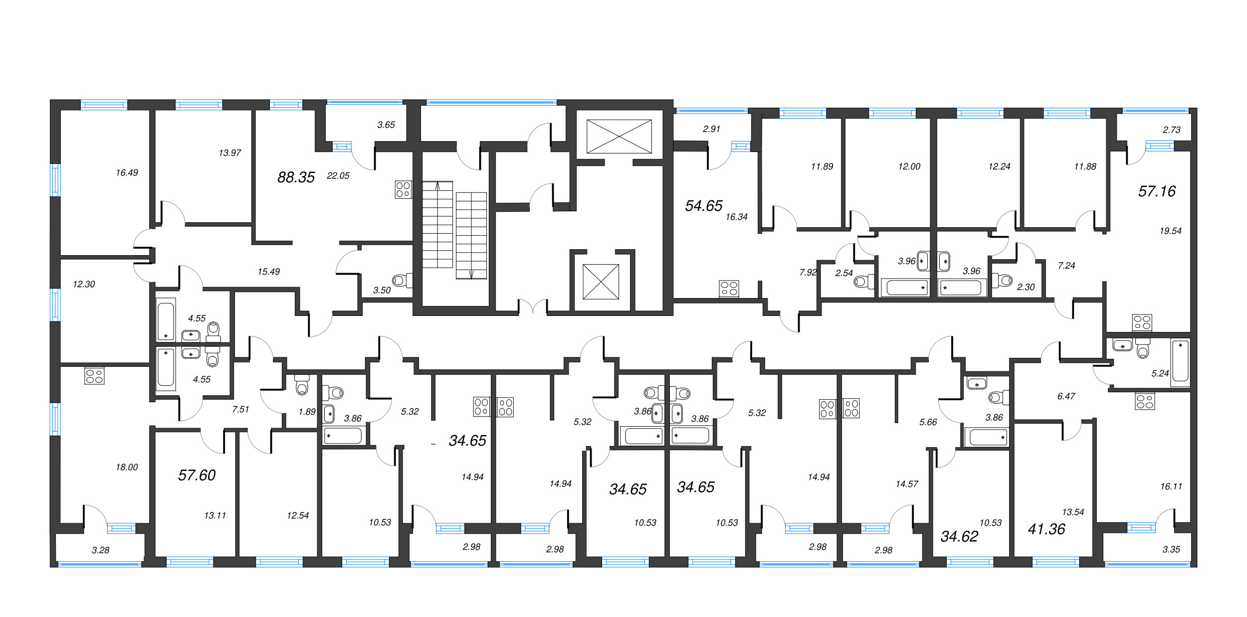 2-комнатная (Евро) квартира, 44.71 м² - планировка этажа
