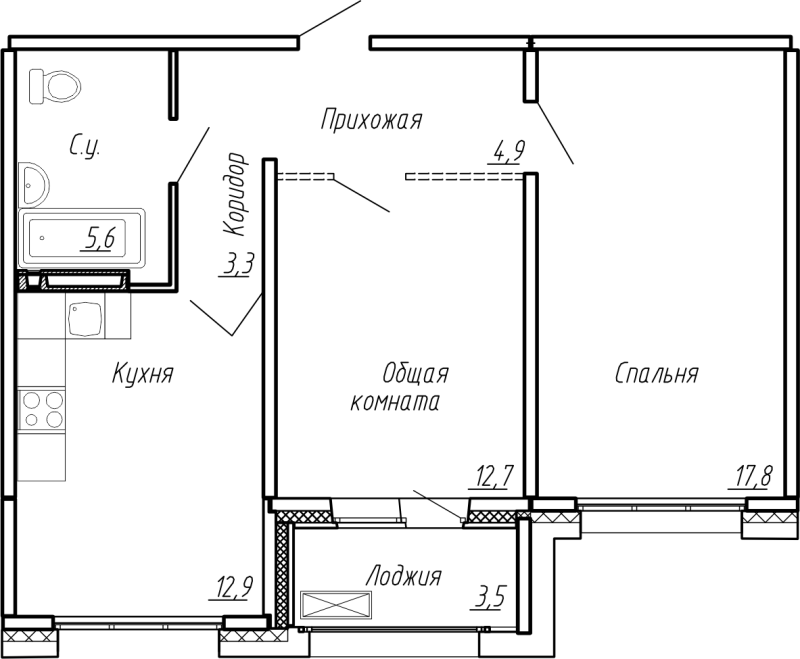 2-комнатная квартира, 60.7 м² в ЖК "Сибирь" - планировка, фото №1