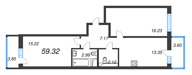 2-комнатная квартира, 59.32 м² в ЖК "OKLA" - планировка, фото №1