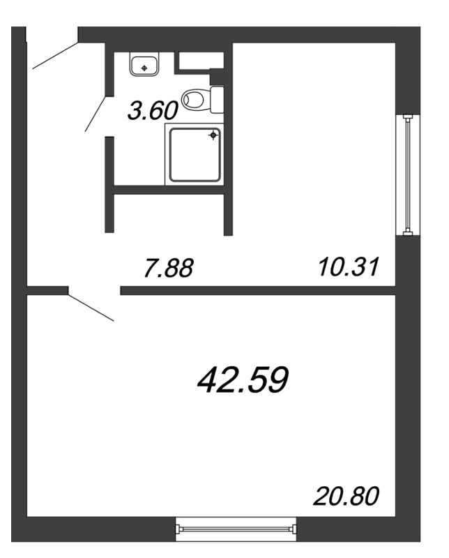 1-комнатная квартира, 42.59 м² - планировка, фото №1