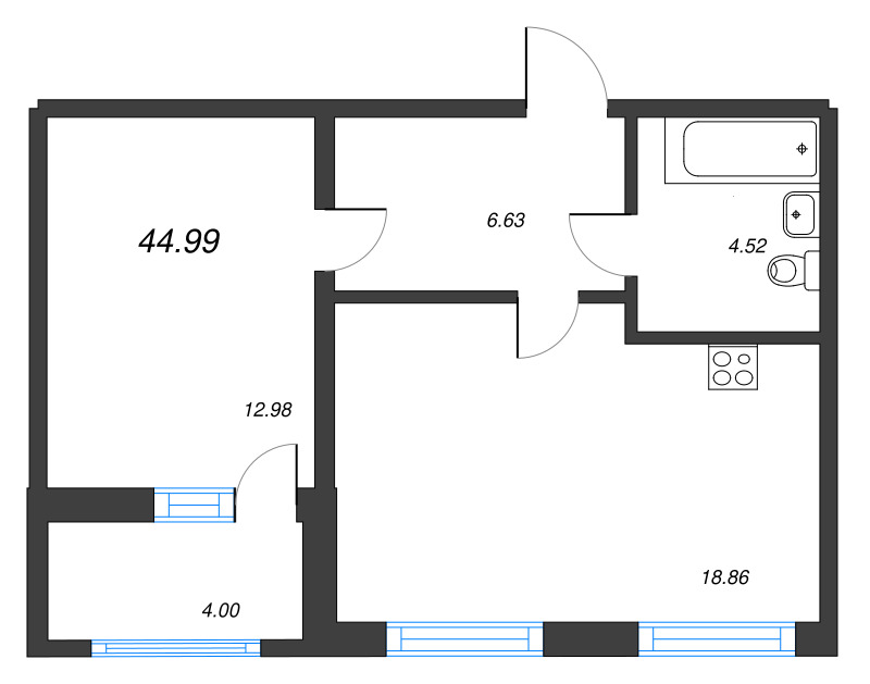 2-комнатная (Евро) квартира, 44.99 м² - планировка, фото №1