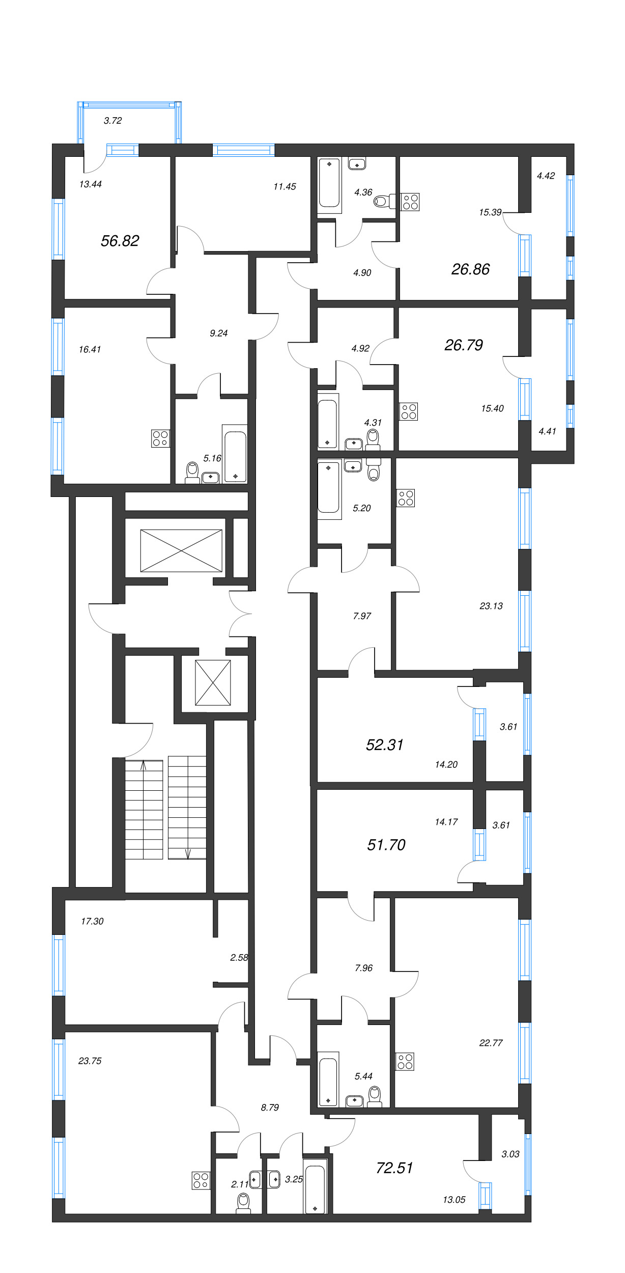 3-комнатная (Евро) квартира, 56.7 м² - планировка этажа