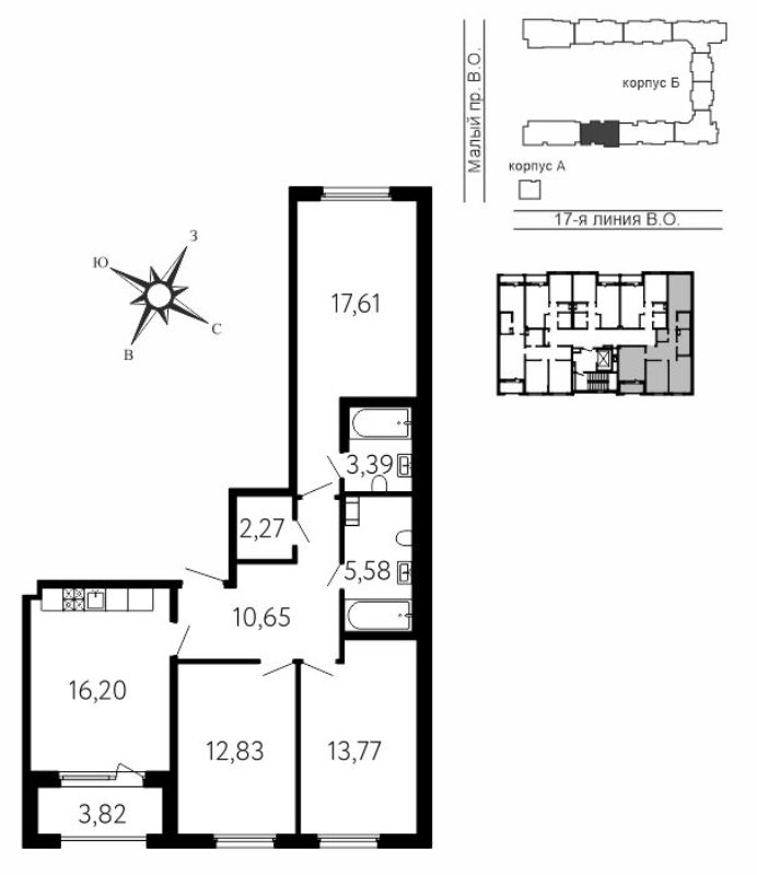 4-комнатная (Евро) квартира, 84.21 м² в ЖК "17-я линия" - планировка, фото №1