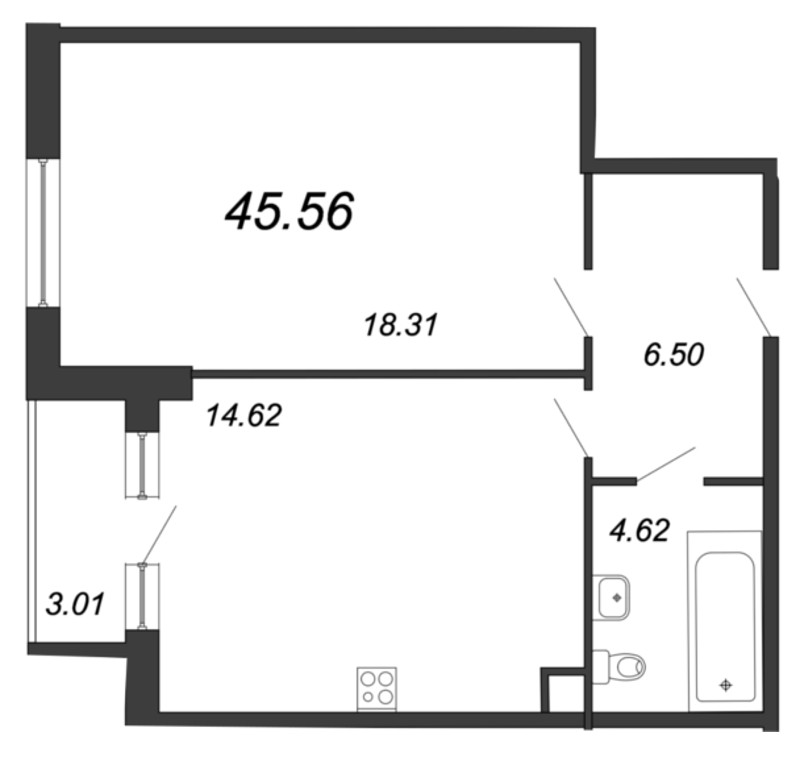 1-комнатная квартира, 45.56 м² в ЖК "Ariosto" - планировка, фото №1