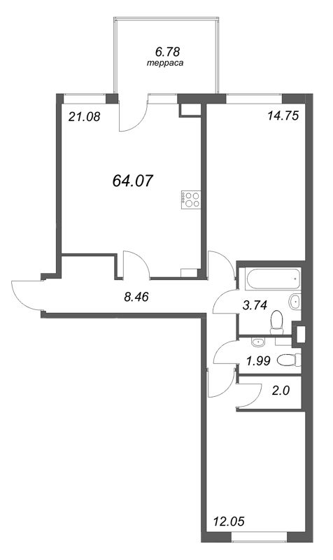 3-комнатная (Евро) квартира, 64.07 м² - планировка, фото №1