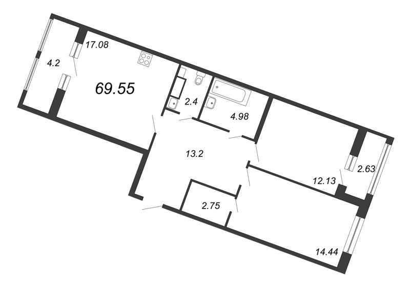 3-комнатная (Евро) квартира, 69.55 м² - планировка, фото №1