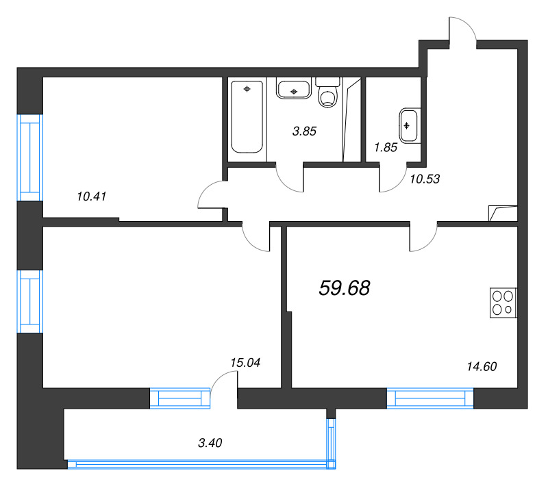 3-комнатная (Евро) квартира, 59.68 м² - планировка, фото №1