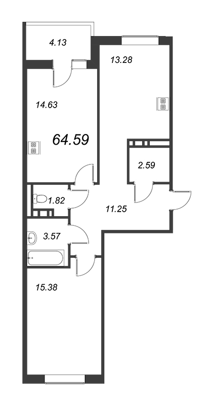 2-комнатная квартира, 62.52 м² - планировка, фото №1
