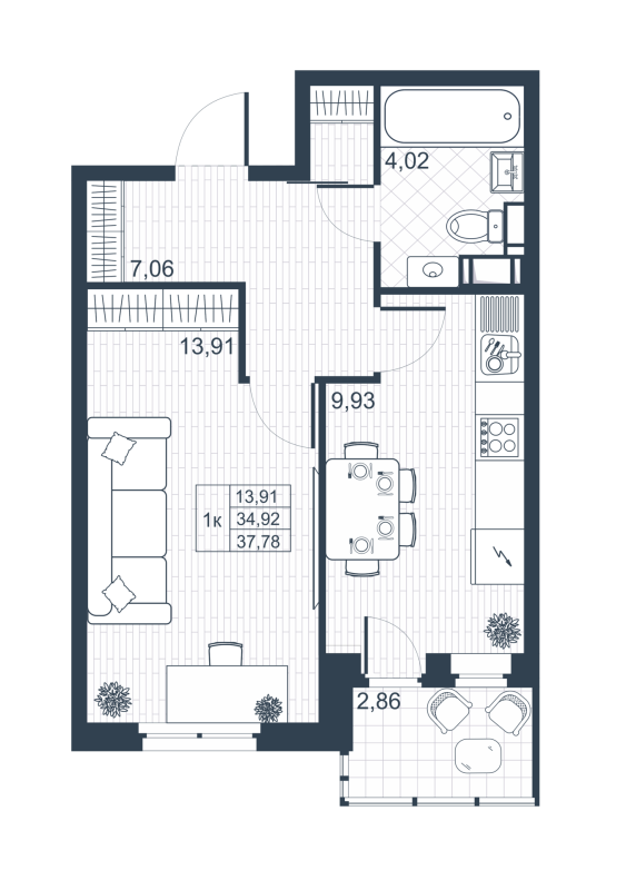 1-комнатная квартира, 36.35 м² в ЖК "Ново-Антропшино" - планировка, фото №1