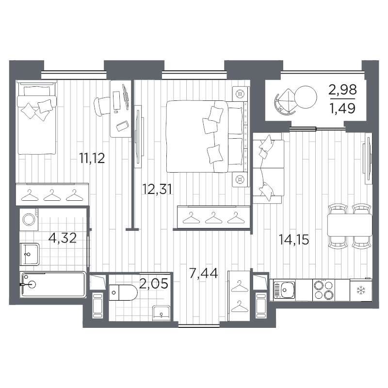 2-комнатная квартира, 52.88 м² в ЖК "Оптимист" - планировка, фото №1