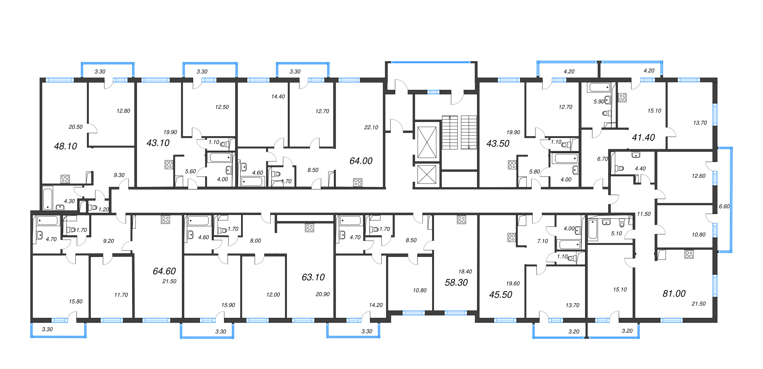 2-комнатная (Евро) квартира, 45.5 м² в ЖК "Руднева 15" - планировка этажа