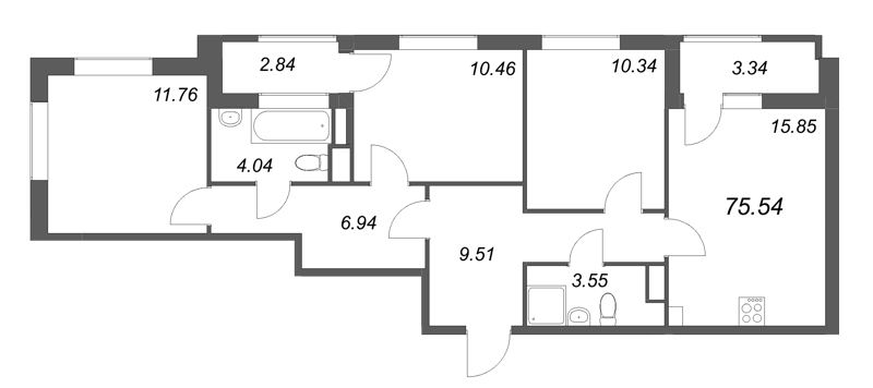 4-комнатная (Евро) квартира, 75.54 м² в ЖК "Гранат" - планировка, фото №1