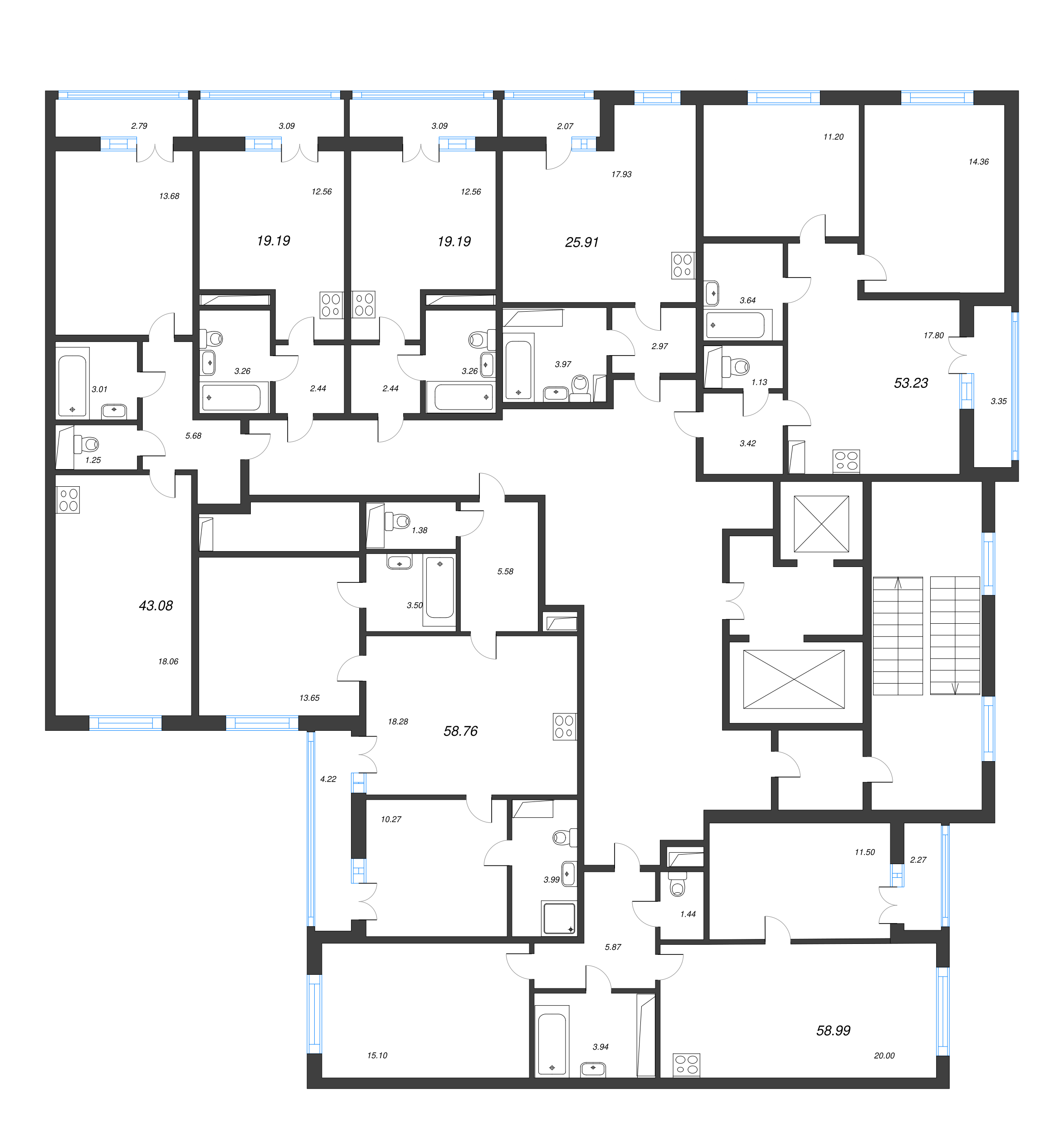 3-комнатная (Евро) квартира, 53.23 м² - планировка этажа