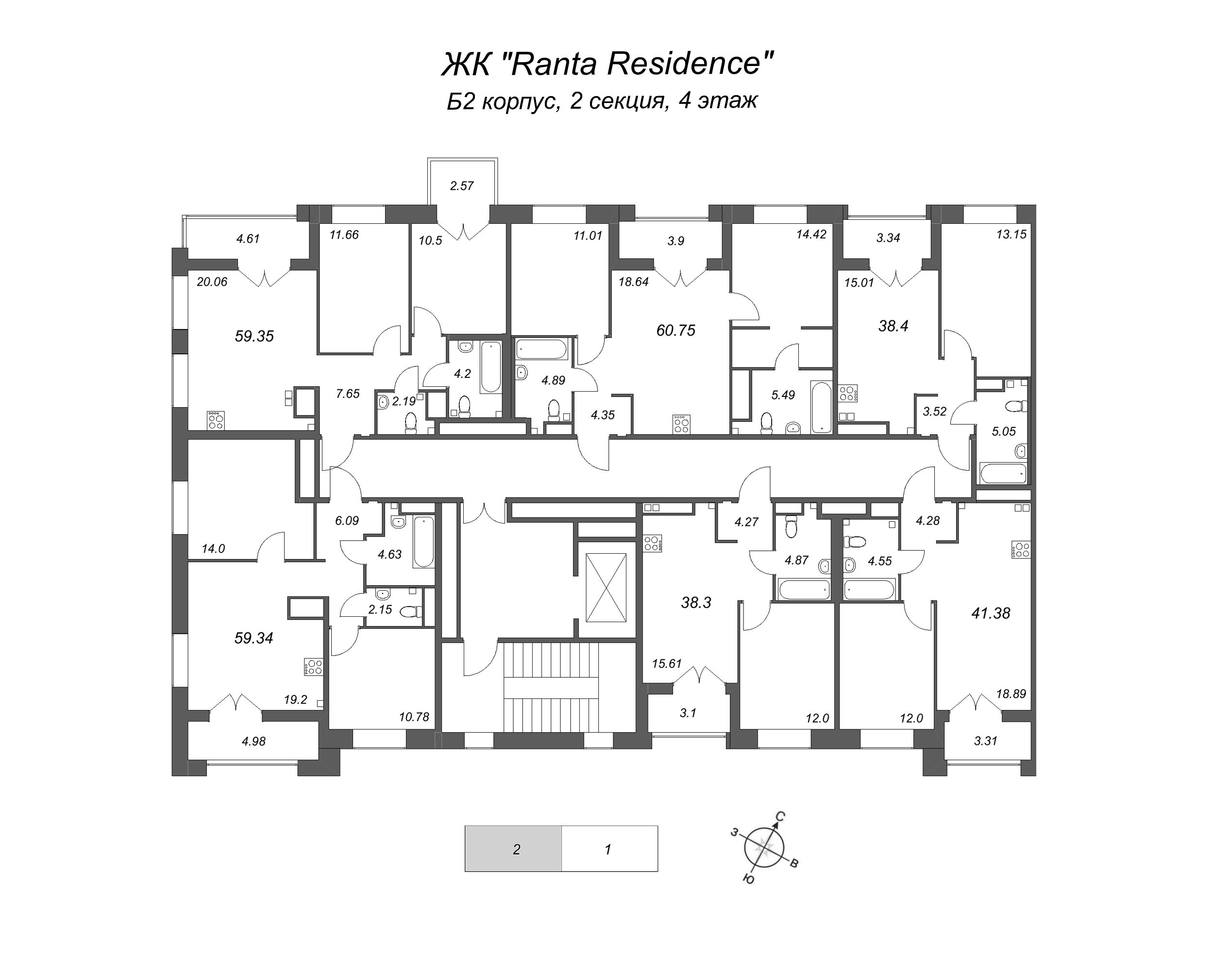 2-комнатная (Евро) квартира, 38.4 м² в ЖК "Ranta Residence" - планировка этажа