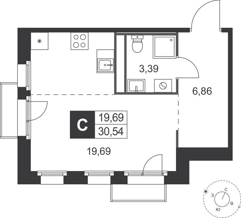 Квартира-студия, 30.54 м² в ЖК "Слобода" - планировка, фото №1