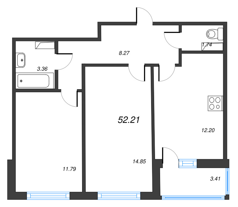 2-комнатная квартира, 52.21 м² в ЖК "Полис ЛАВрики" - планировка, фото №1