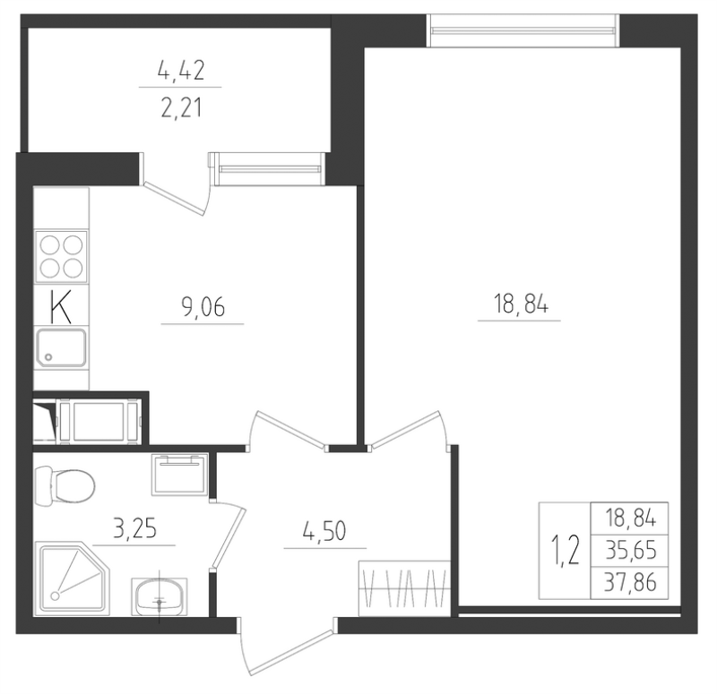 1-комнатная квартира, 37.86 м² - планировка, фото №1