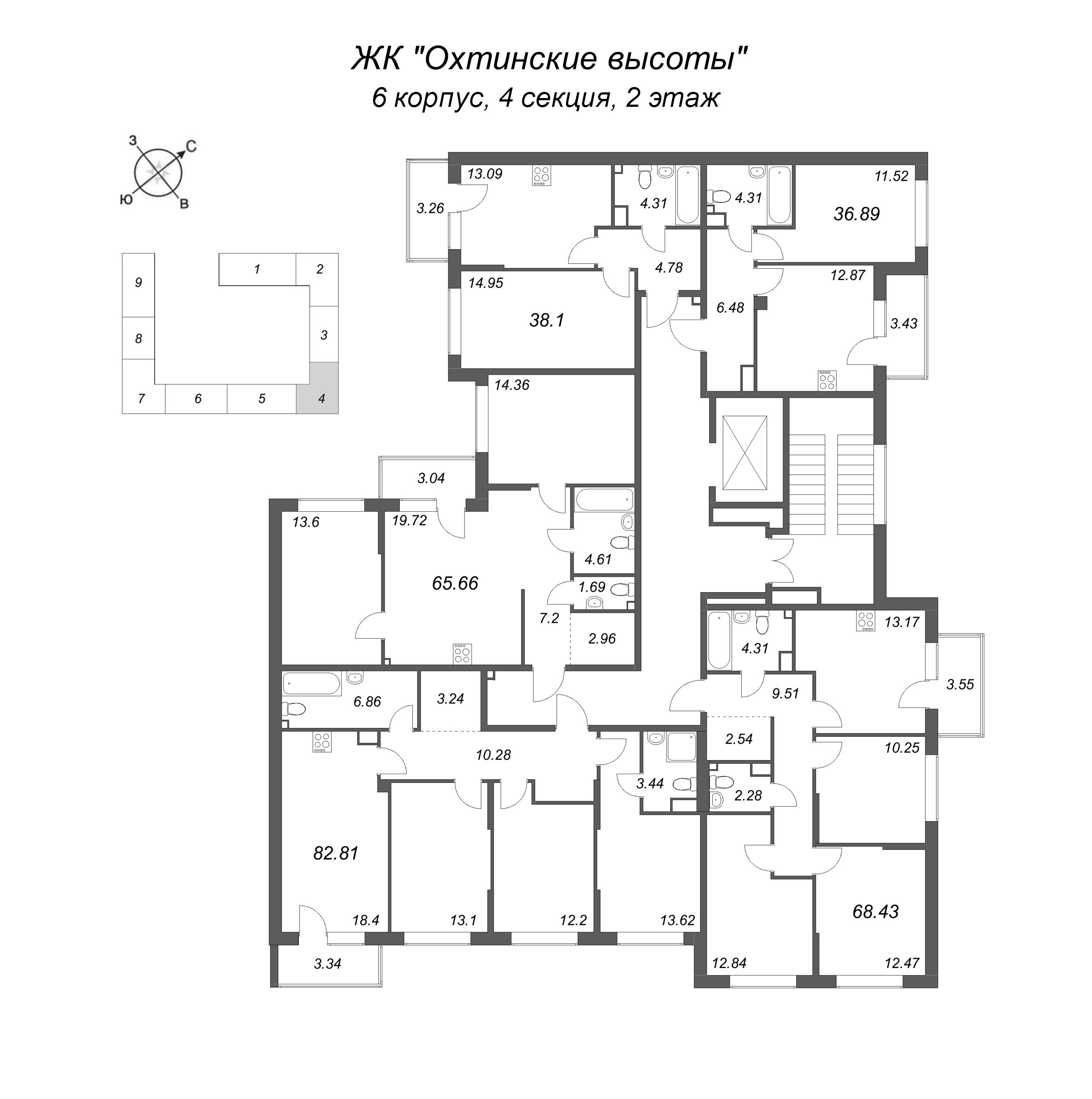1-комнатная квартира, 38.1 м² в ЖК "Охтинские высоты" - планировка этажа