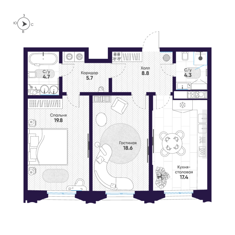 3-комнатная (Евро) квартира, 79.3 м² в ЖК "Mariinka Deluxe" - планировка, фото №1