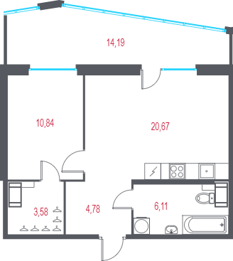 2-комнатная (Евро) квартира, 50.24 м² в ЖК "Город-спутник Южный" - планировка, фото №1