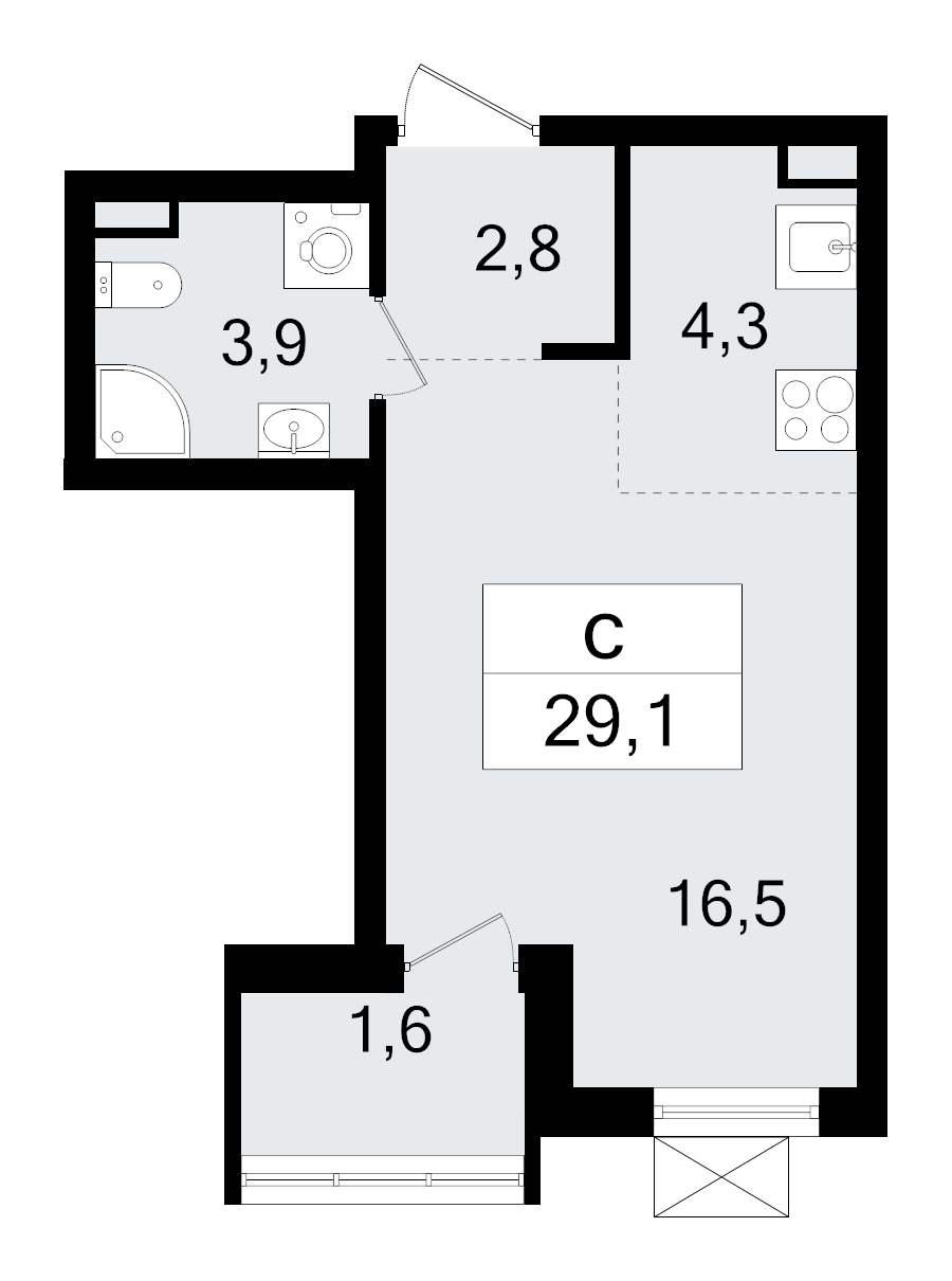 Квартира-студия, 29.1 м² - планировка, фото №1