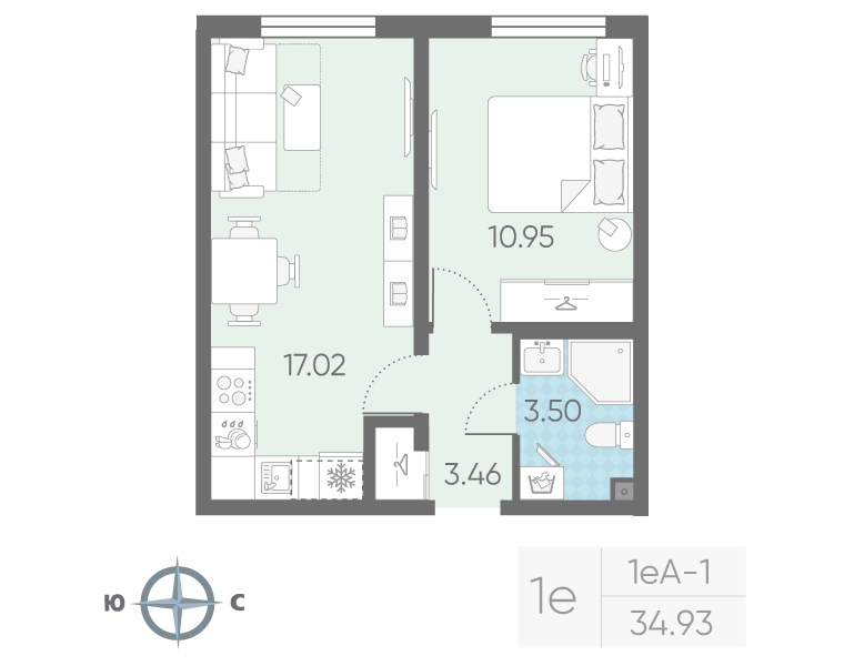 2-комнатная (Евро) квартира, 34.93 м² в ЖК "Морская миля" - планировка, фото №1