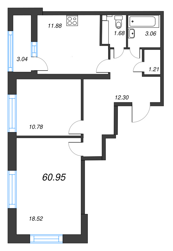 2-комнатная квартира, 60.95 м² в ЖК "БелАрт" - планировка, фото №1