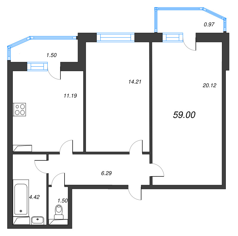 2-комнатная квартира, 59 м² - планировка, фото №1