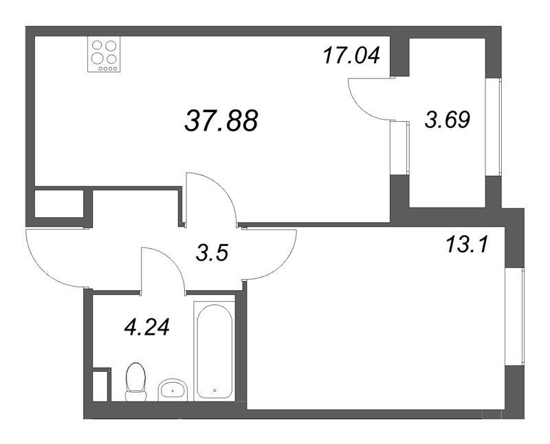 2-комнатная (Евро) квартира, 37.88 м² в ЖК "Дубровский" - планировка, фото №1