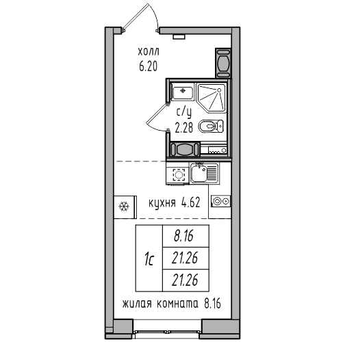 Квартира-студия, 21 м² в ЖК "Северная Долина" - планировка, фото №1
