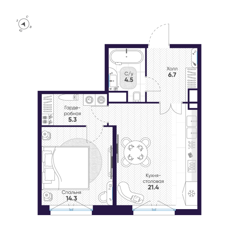2-комнатная (Евро) квартира, 52.2 м² в ЖК "ЛДМ" - планировка, фото №1