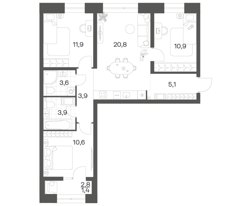 4-комнатная (Евро) квартира, 72.08 м² в ЖК "Новый Питер" - планировка, фото №1