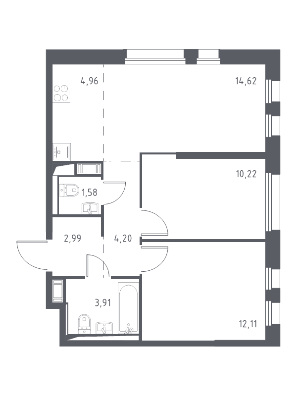 3-комнатная (Евро) квартира, 54.59 м² - планировка, фото №1