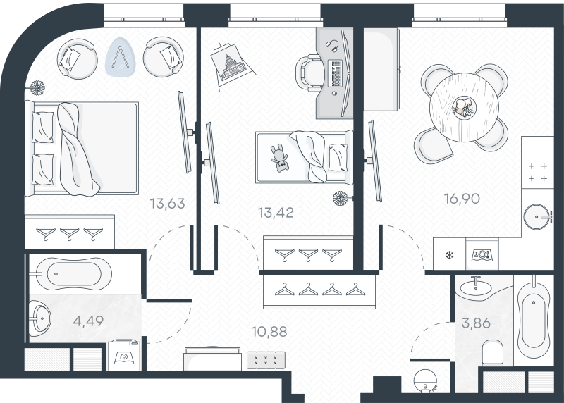 3-комнатная (Евро) квартира, 63.18 м² в ЖК "MONODOM-ART" - планировка, фото №1