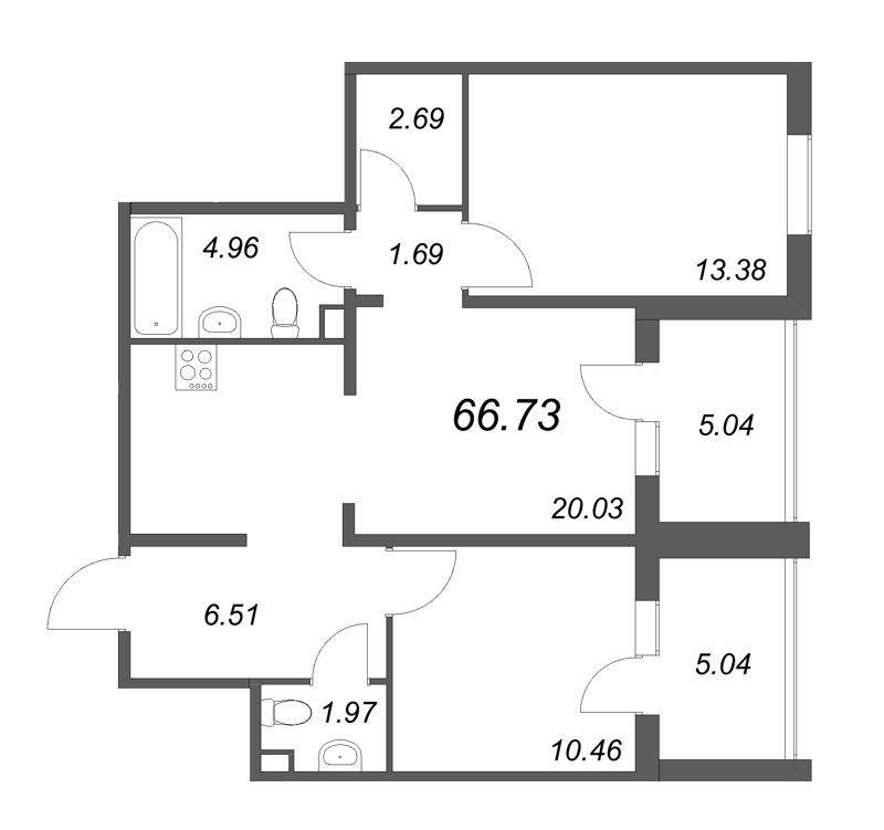 3-комнатная (Евро) квартира, 66.73 м² в ЖК "ЛесArt" - планировка, фото №1