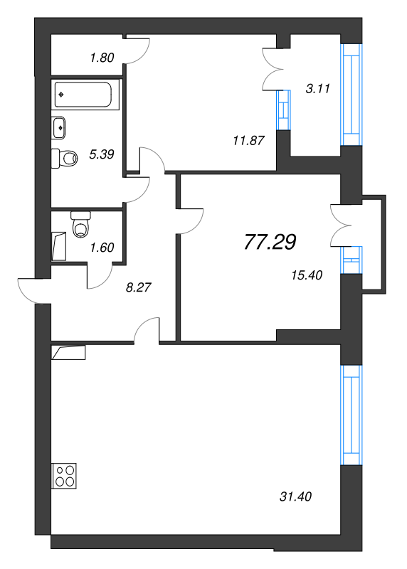 3-комнатная (Евро) квартира, 80.9 м² - планировка, фото №1