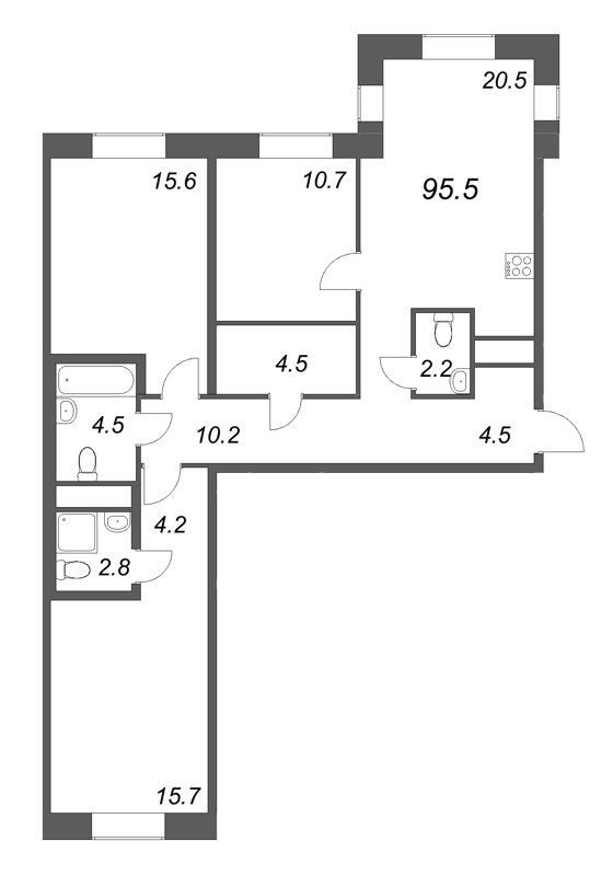 3-комнатная квартира, 95.5 м² - планировка, фото №1