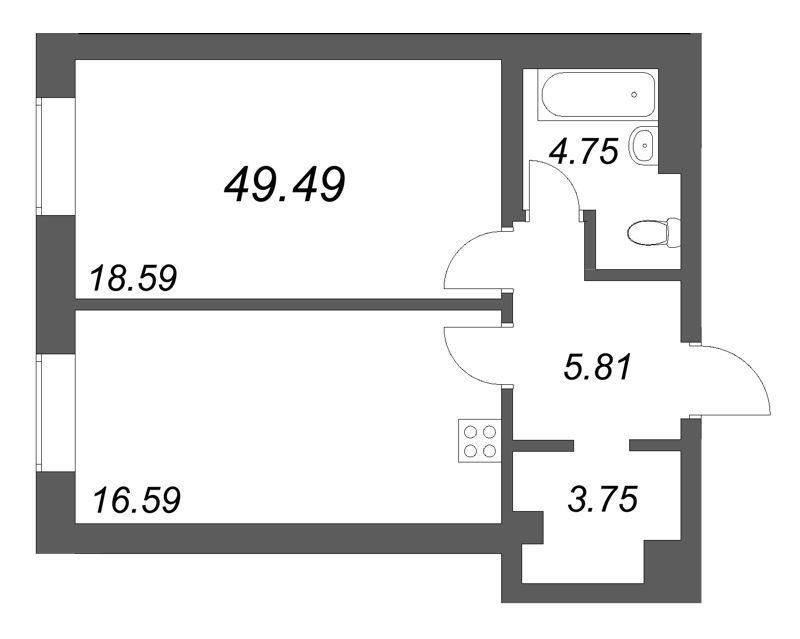 2-комнатная (Евро) квартира, 49.49 м² в ЖК "Фонтанка 130" - планировка, фото №1