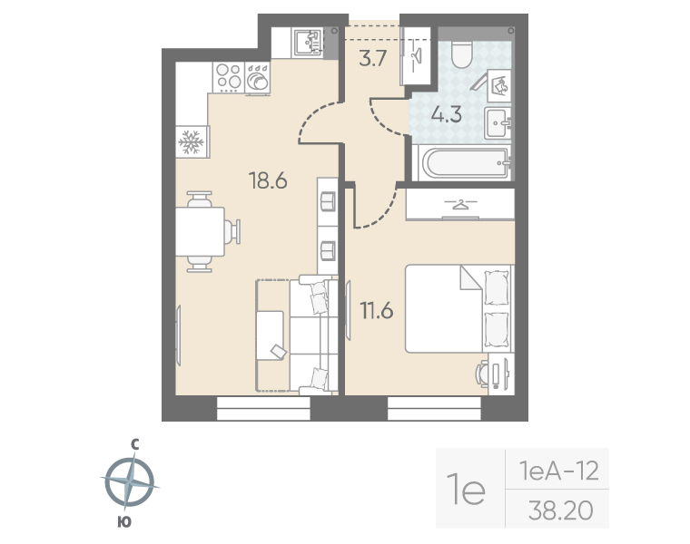 2-комнатная (Евро) квартира, 38.2 м² в ЖК "Большая Охта" - планировка, фото №1