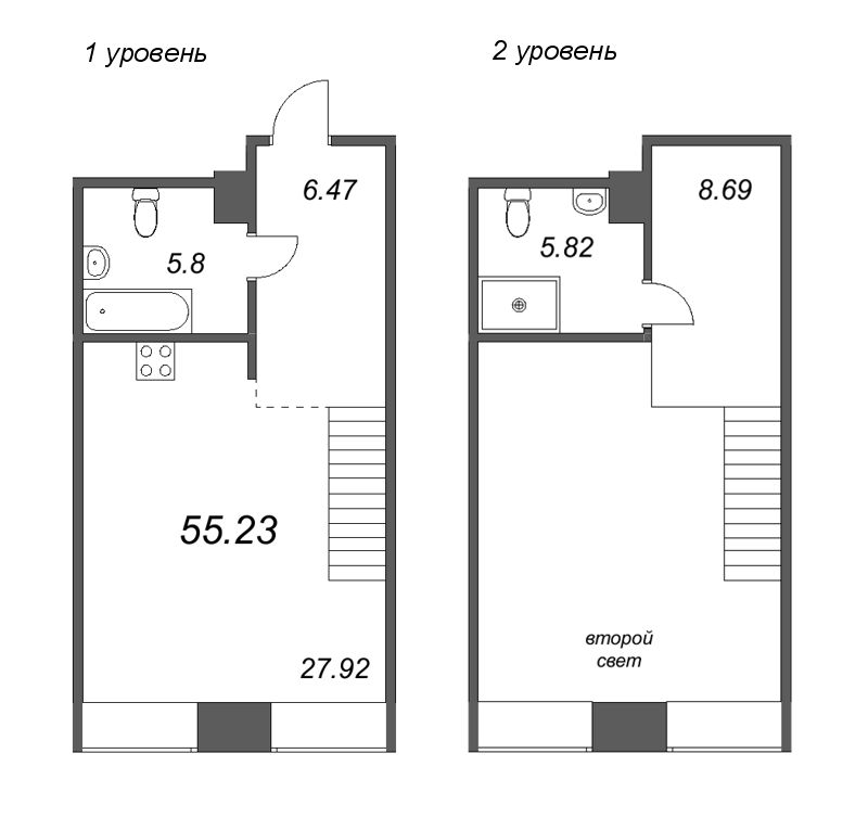 2-комнатная (Евро) квартира, 55.23 м² - планировка, фото №1