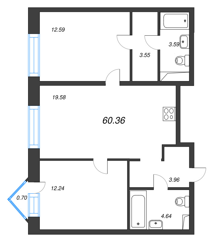 3-комнатная (Евро) квартира, 60.43 м² в ЖК "Остров Первых" - планировка, фото №1
