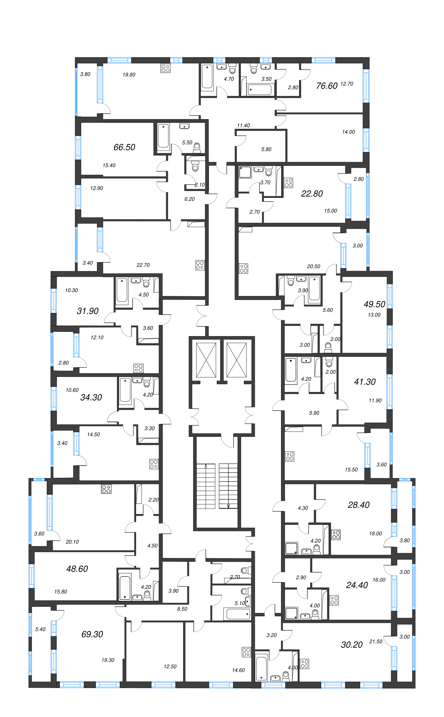 2-комнатная (Евро) квартира, 41.3 м² - планировка этажа