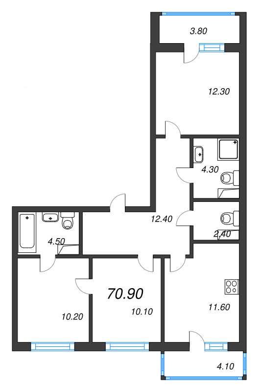 3-комнатная квартира, 70.9 м² - планировка, фото №1