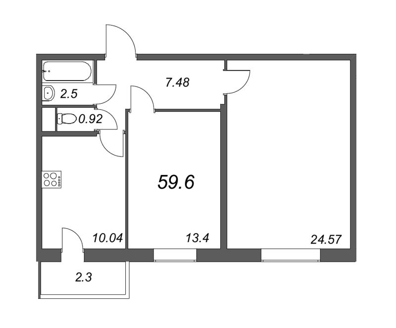 2-комнатная квартира, 59.6 м² в ЖК "Тандем" - планировка, фото №1