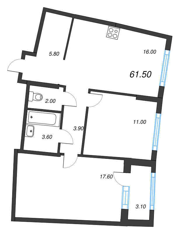 3-комнатная (Евро) квартира, 61.5 м² в ЖК "Ягодное Река Парк" - планировка, фото №1