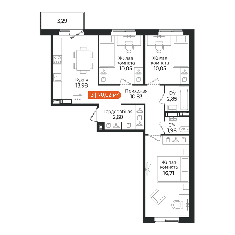 3-комнатная квартира, 70.02 м² в ЖК "Алгоритм Квинта" - планировка, фото №1
