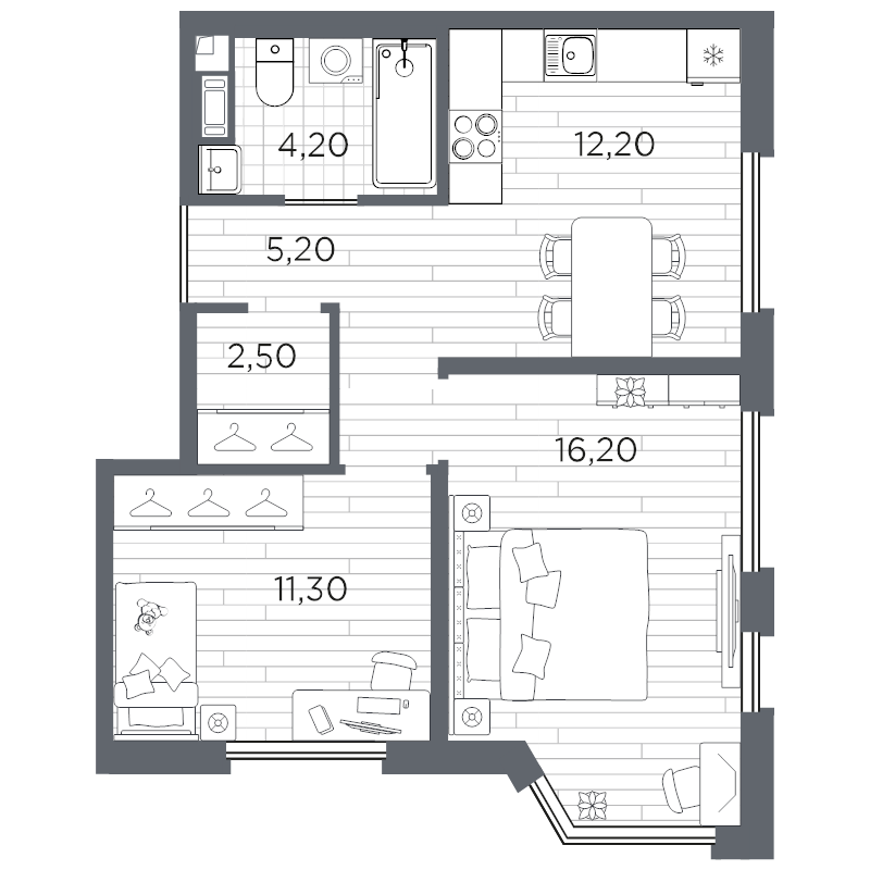 2-комнатная квартира, 51.6 м² в ЖК "PLUS Пулковский" - планировка, фото №1