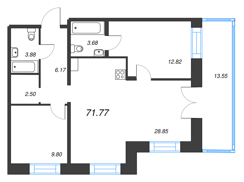 3-комнатная (Евро) квартира, 71.77 м² в ЖК "Alpen" - планировка, фото №1