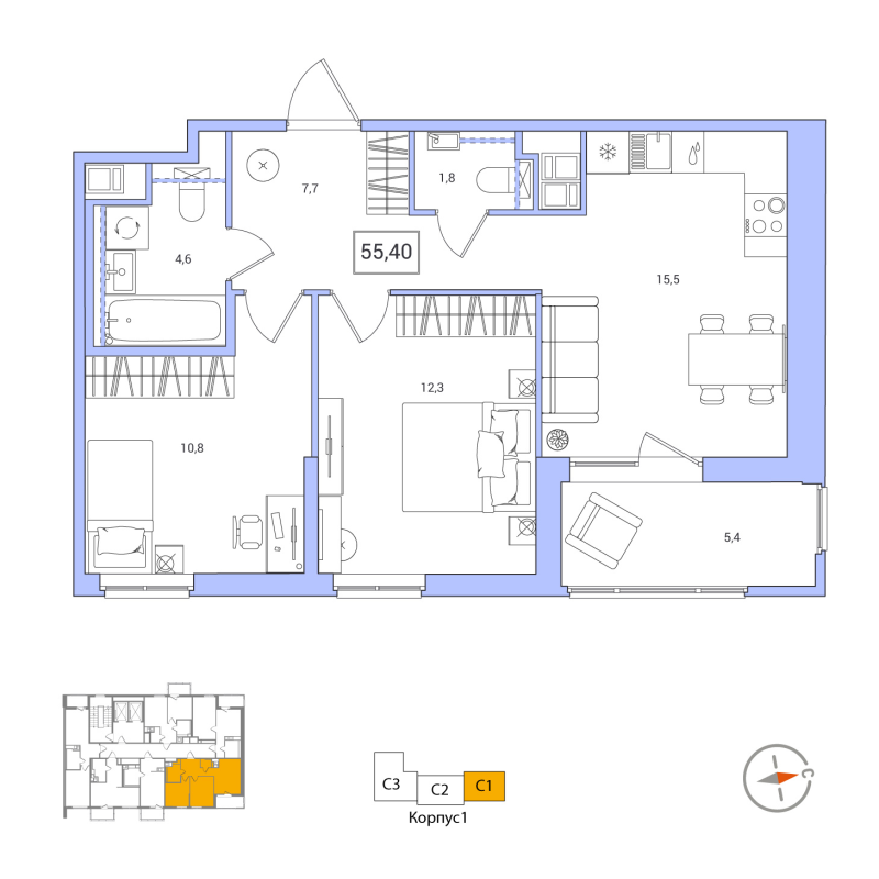 3-комнатная (Евро) квартира, 55.4 м² в ЖК "Янила Форест" - планировка, фото №1