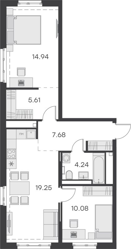 3-комнатная (Евро) квартира, 61.8 м² в ЖК "GloraX Балтийская" - планировка, фото №1